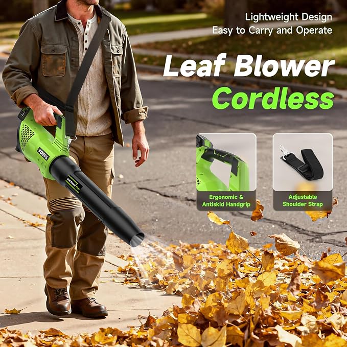 Leaf Blower Cordless, 650CFM Electric Leaf Blowers with 2 x 5.2Ah Batteries and Charger, 3 Speed Modes, 1 x Adjustable Shoulder Strap, Powerful Snow Blowers for Lawn Care, Patio, Dust, Blowing Leaves