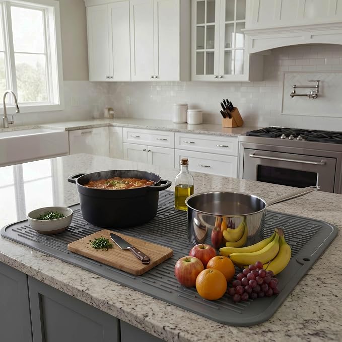 MicoYang Silicone Dish Drying Mat for Multiple Usage,Easy clean,Eco-friendly,Heat-resistant Silicone Mat for Kitchen Counter or Sink,Refrigerator or Drawer Liner Grey 2XL 24 inches x 18 inches