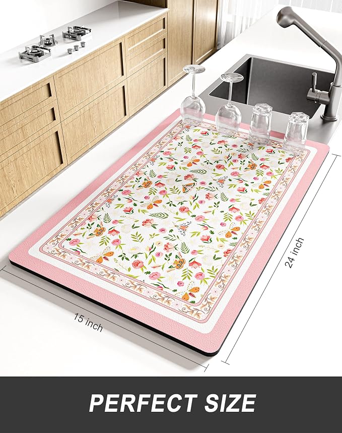 Rnivvi Dish Drying Mat for Kitchen Counter, XL 15 x 24" Cute Flower Theme Absorbent Draining Pad, Non-Slip Heat Resistant Coffee Bar Mats for Coffee Machine Station Accessories, Pink Dish Rack Pad