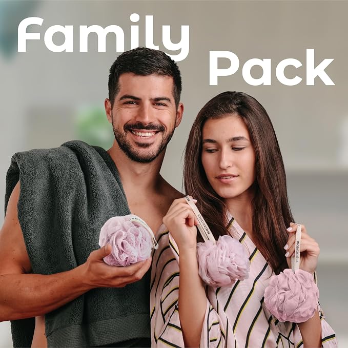 MainBasics Shower Loofah Sponge Pouf, Set of 3, Perfectly Pink | Soft Mesh Body Scrubber and Bath Sponge for Gentle Exfoliation, Rich Lather, and Everyday Shower Use