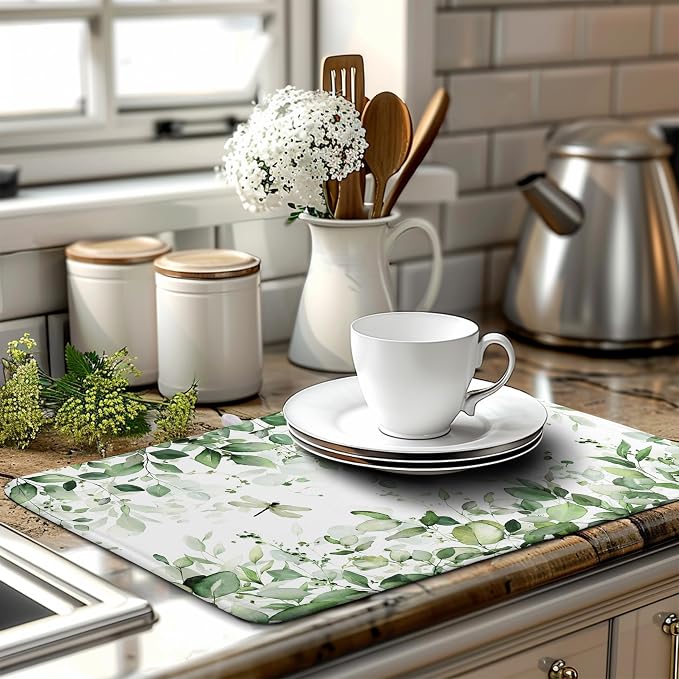 Sage Green Leaf Dish Drying Mat for Kitchen Counter Spring Eucalyptus Leaves Drying Mats Summer Floral Microfiber Absorbent Dishes Pad Reversible Washable Dish Drainer Rack Mat Large 18x24 Inch