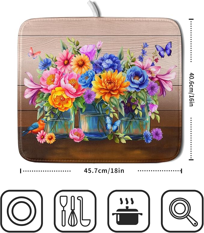Colorful Flowers Dish Drying Mat for Kitchen Counter 16x18in Spring Summer Flower Vases Dish Mat Drying Absorbent Microfiber Dish Drainer Rack Mats Botanical Floral Dishes Pad for Countertops