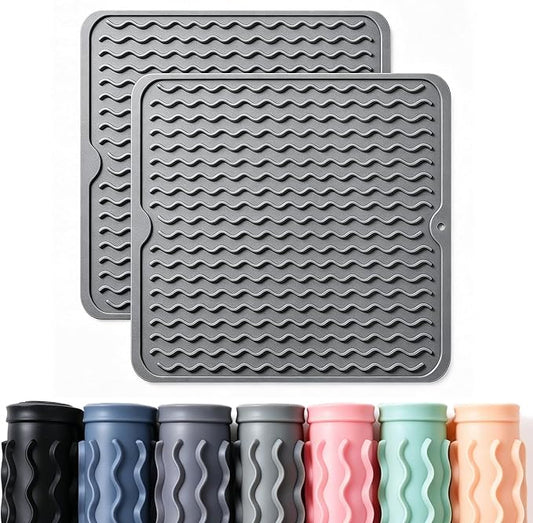 2 Pack Caketime Silicone Dish Drying Mat for Kitchen Counter Coffee Bar Accessories Heat Resistant Waterproof Dining Under Sink Organizers Utensil Holder Decor Must Haves 12"x12" Gray