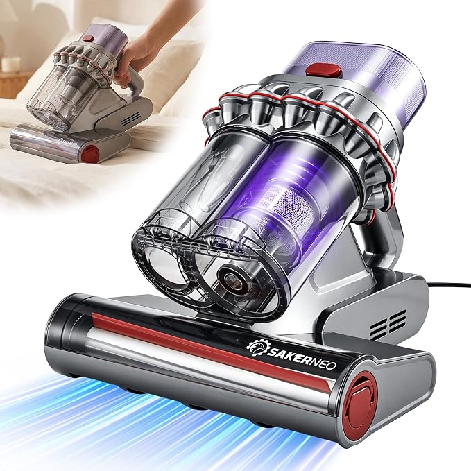 SAKERNEO Bed Vacuum Cleaner with Digital Display & 5-Cyclone Filtration | 14kPa Strong Suction, HEPA Filter, Handheld for Mattress, Carpet, Sofa & Pet Hair Removal