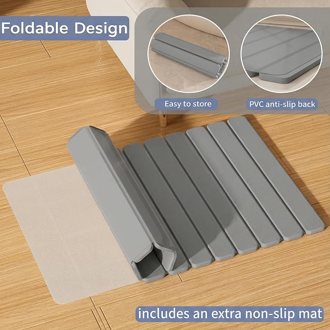 Large Stone Bath Mat 31.5 x 19.7in, Quick Dry Diatomaceous Earth Mats for Bathroom, Super Absorbent Foldable Bath Stone Mat, Non Slip, Dish Drying Mat for Kitchen Counter,Dark Gray