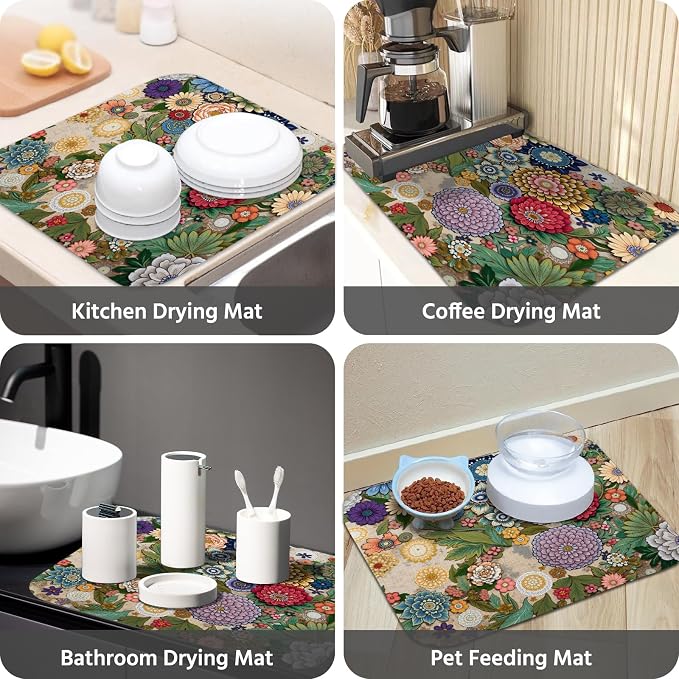 Dish Drying Mat for Kitchen Counter 18x24 Inch, Super Absorbent Dish Drainer Mat, Decorative Microfiber Dishes Drying Pad-Large(Luxurious flowers)