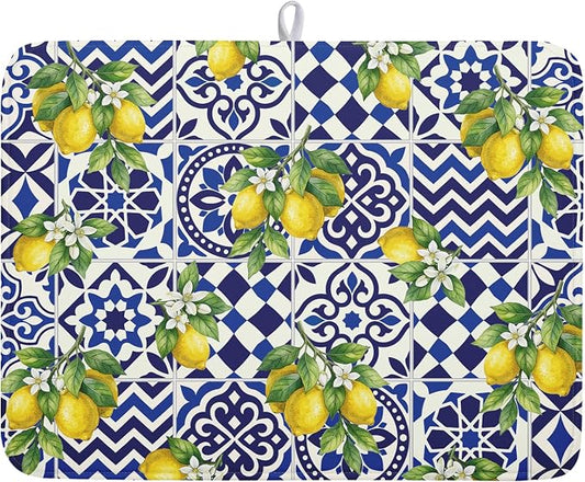 Lemon and Blue Tile Dish Drying Mat 18x24 Inch Absorbent Reversible Mexican Tilt Drying Mat Blue White Italy Lemons Dish Drying Rack Mat Summer Themed Dish Drainer Mat for Kitchen Counter Coffee Bar