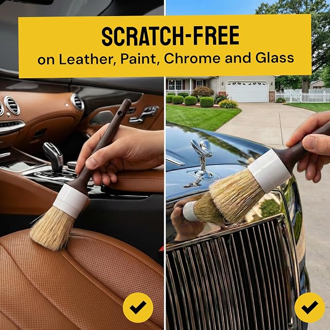 Car Detailing Brush Set 3-Pack, Interior and Exterior, Detail Dudes | Scratch-Free Boars Hair - Exterior & Interior Cleaning Brushes - Safe for Leather, Piano Black Trim, Dashboards & Wheels
