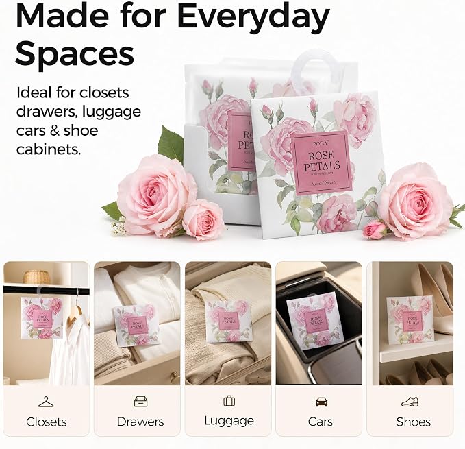12 Pack Rose Scented Sachets, Air Freshener for Home & Small Spaces | Hanging Sachet Bags with Retractable Hook; Closet Deodorizer & Odor Eliminator for Drawers, Shoe Cabinets, Cars & Luggage