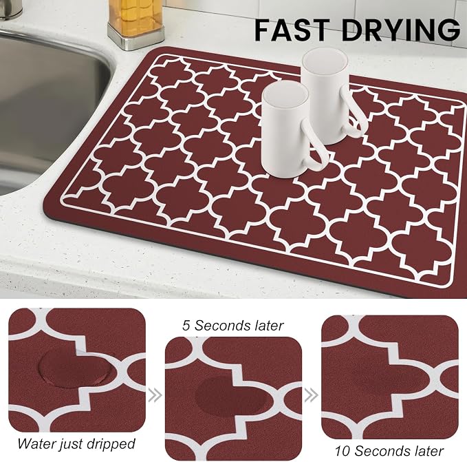 WISELIFE Dish Drying Mat Super Absorbent Drying Mat Large Dish Drying Mats for Kitchen Counter Easy Clean Dish Mat Kitchen Drying Mat16"x 24" Stylish Red