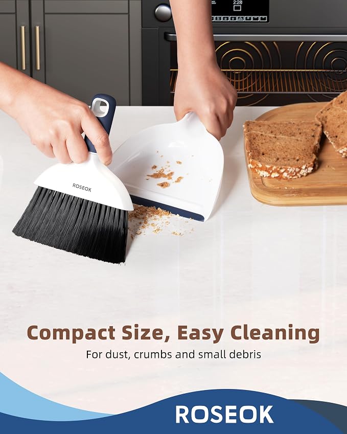 ROSEOK Mini Dustpan and Brush Set, Small Broom and Dust Pan, Navy Blue | Portable Cleaning Brush and Dustpan Combo for Kitchen Counter, Tables, Office, Car