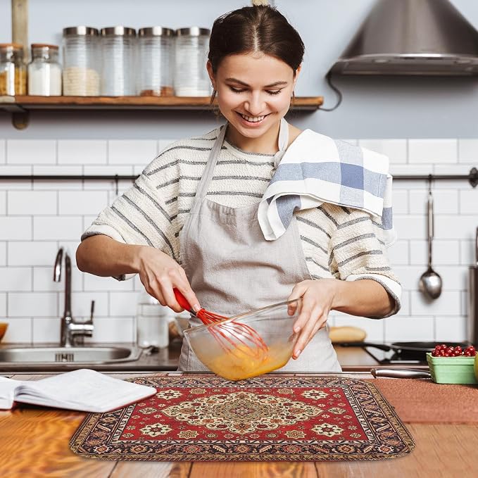 Sanwarm Absorbent Dish Drying Mat, Royal Red Moroccan Microfiber Pad for Kitchen Counter, Coffee Bar Decor, Heat Resistant and Reversible, 18" x 24"