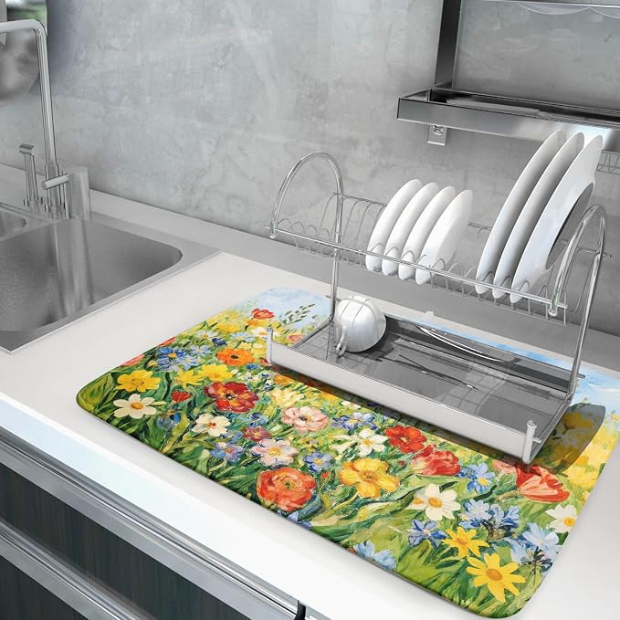 Spring Summer Floral Dish Drying Mat for Kitchen Counter 18x24 Green Yellow Blue Flower Wildflower Print Absorbent Reversible Microfiber Drying Mats Kitchen Countertop Protector Dishes Drainer Pad