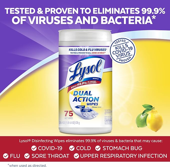 Lysol Dual Action Disinfectant Wipes, Multi-Surface Antibacterial Scrubbing Wipes, For Disinfecting and Cleaning, Citrus Scent, 75ct (Pack of 2)