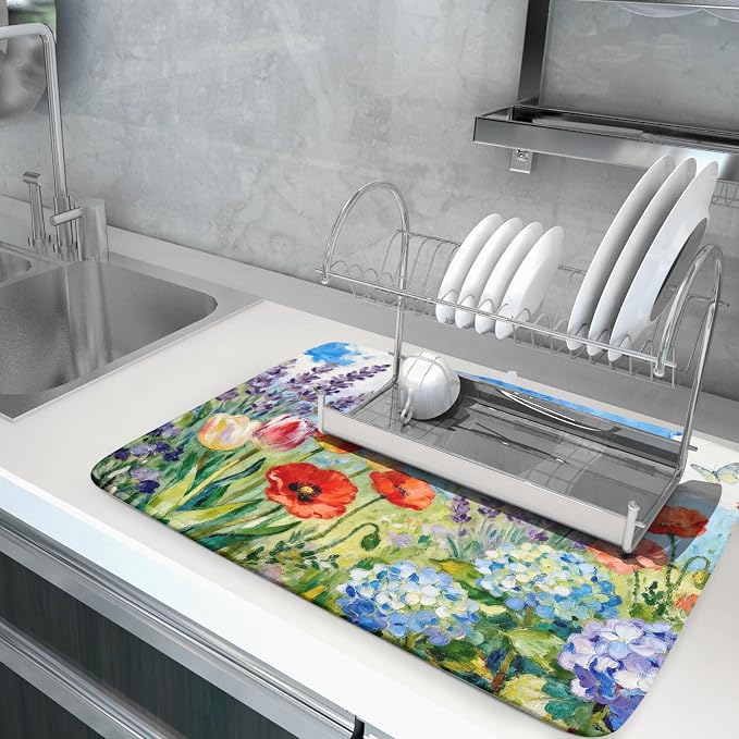 Spring Dish Drying Mat for Kitchen Counter 18x24, Floral Decorative Absorbent Reversible Microfiber Kitchen Countertop Protector Dishes Drainer Pad, Flower Butterfly