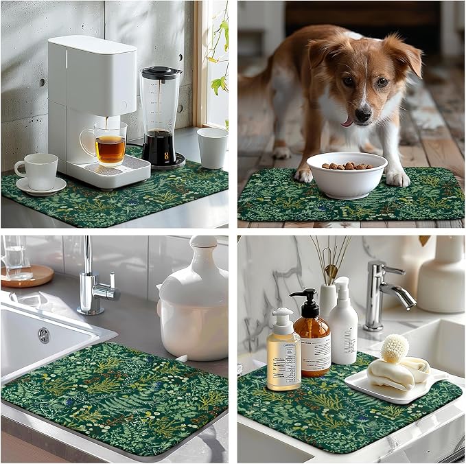 Dark Green Plant Dish Drying Mat for Kitchen Counter Vintage Botanical Floral Leaf Dishes Drying Mat Absorbent Microfiber Dish Draining Pad Washable Dish Drainer Rack Mats 16x18 Inch