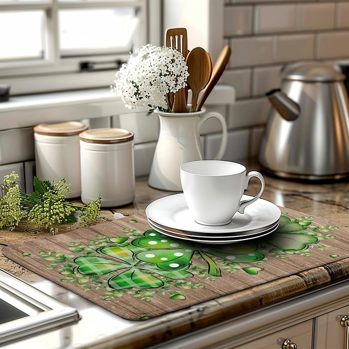St Patricks Day Wooden Plank Texture Shamrock Dish Drying Mat St Patrick Eucalyptus Leaves Clover Dish Drying Pad for Kitchen Counter Absorbent Microfiber Dishes Drainer Rack Mats 18x24 Inch