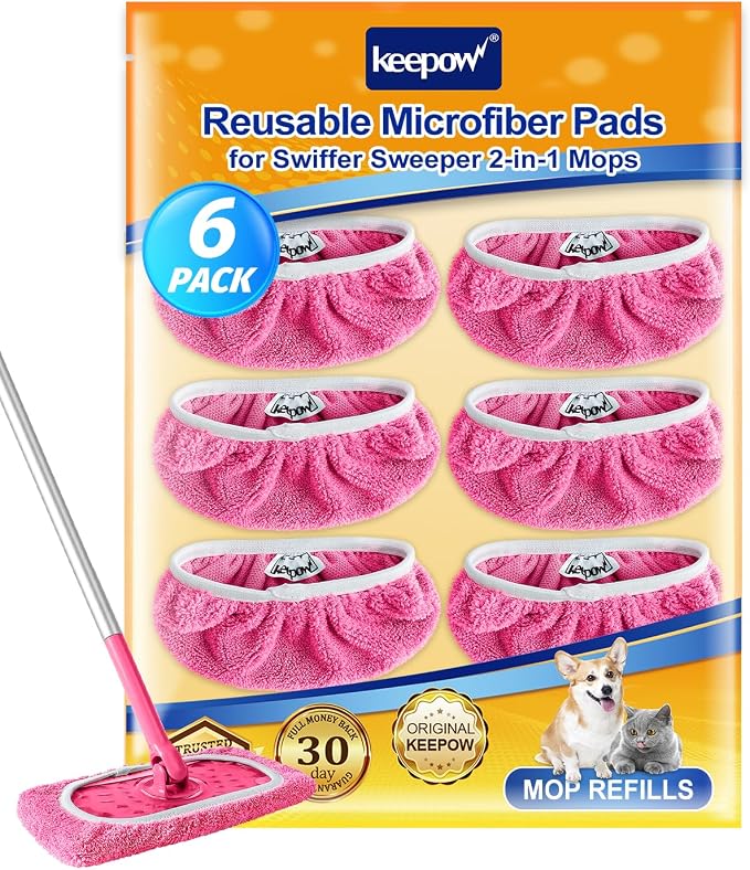KEEPOW Reusable Microfiber Mop Pads Compatible with Swiffer Sweeper, 6 Pack Pink | Washable Wet & Dry Replacement Refills for Hardwood, Tile, Vinyl & Laminate Floors, Slip-On Cleaning Pads