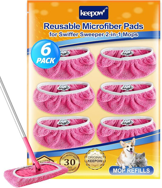KEEPOW Reusable Microfiber Mop Pads Compatible with Swiffer Sweeper, 6 Pack Pink | Washable Wet & Dry Replacement Refills for Hardwood, Tile, Vinyl & Laminate Floors, Slip-On Cleaning Pads