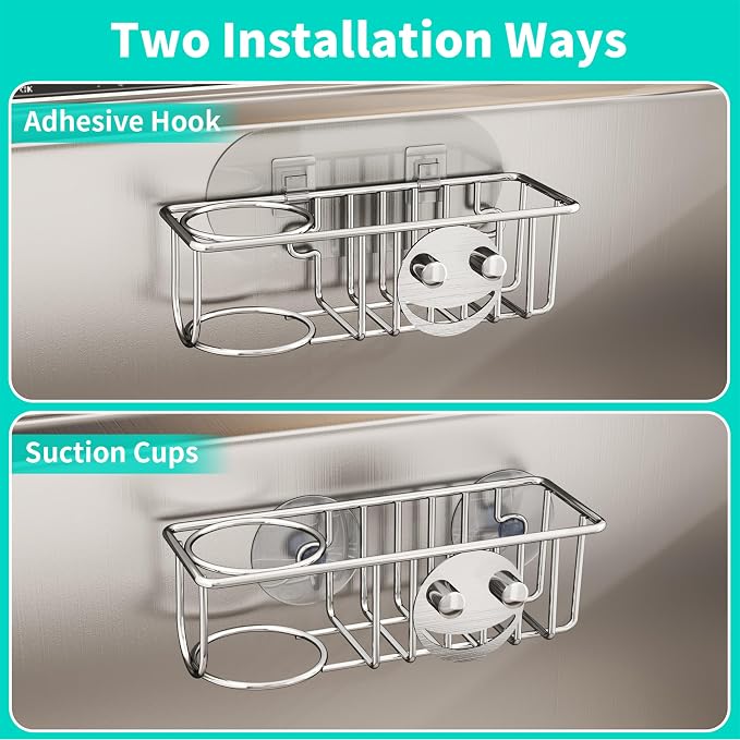 HapiRm Sink Caddy Sponge Holder - No Drill Kitchen Sink Organzier with Smiley Face Sponge Holder, Rustproof and Waterproof Kitchen Organizer - Silver