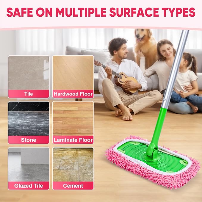6 Pack Reusable Mop Pads Compatible with Swiffer Sweeper, Chenille Mop Refill Pads, Dry & Wet Mopping Cloths for Floor Cleaning -Pink