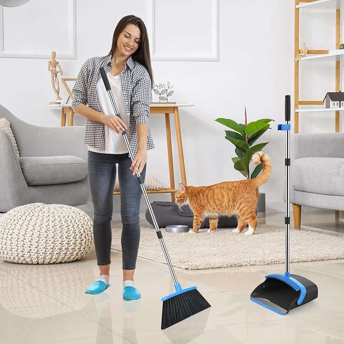 NACENA Broom and Dustpan Set, 52-in Long Adjustable Handle Broom Dustpan Combo with Dustpan Teeth to Automatically Clean Hair Suitable for Home Kitchen Office Hall Floor (Black&Blue),3 Pack