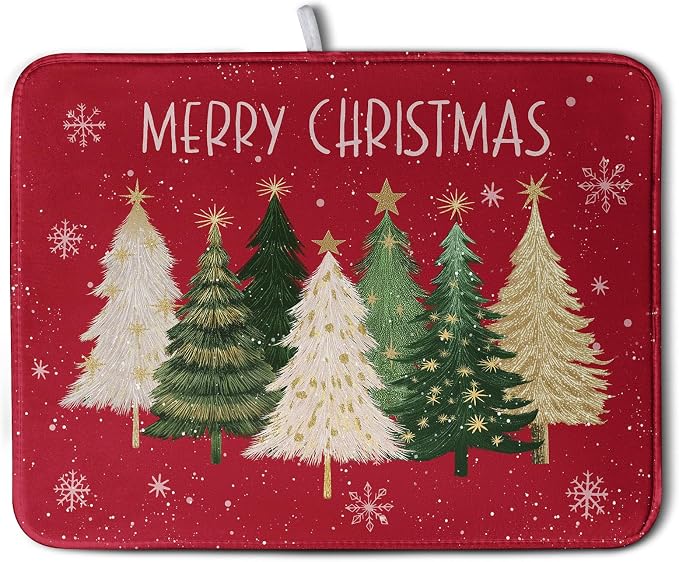 Merry Christmas Dish Drying Mat for Kitchen Counter 18x24 Inch Red Xmas Tree Snowflakes Drying Pad Winter Holiday Absorbent Microfiber Dish Draining Reversible Dish Drainer Rack Mat