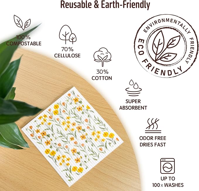 Swedish Dishcloths for Kitchen, 5 Pack Flowers Reusable Paper Towels Washable, Super Absorbent Swedish Dish Cloths, Biodegradable, Non-Scratch, No Odor