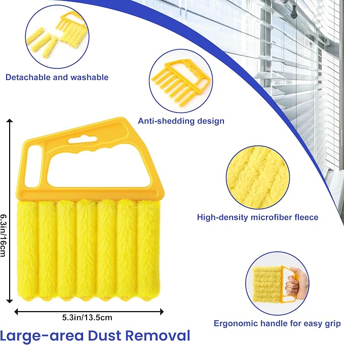 Blind Cleaner Duster Tool - 3 Pcs 7 Fingers Anti-Shedding Window Blind Cleaner Tool, with High-Density Microfiber Fleece and Ergonomic Handle, Detachable and Washable