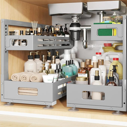 2 Pack 21IN-Depth Under Sink Organizer,Pull Out Cabinet Organizer With Smooth Cylindrical Rail,Metal Slide Out Drawer for Kitchen Bathroom Laundry,8-Level Tool Free Height Adjustable-Gun Gray