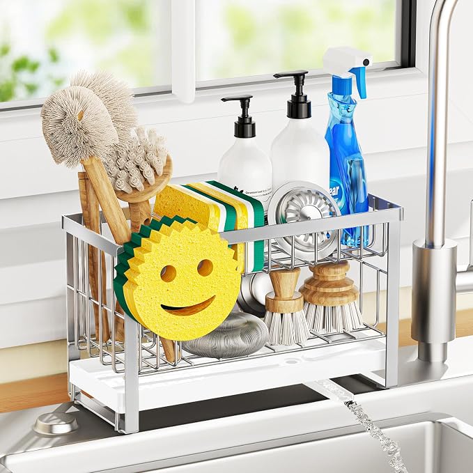 Sponge Holder for Kitchen Sink with Flexible Sink Caddy Smiley Face,2 Tier Kitchen Sink Organizer Countertop and Storage Essentials,Soap Dispenser Organize,Home Decor Accessories-Silver