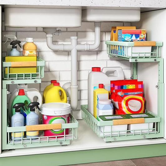 Kitstorack Under Sink Organizer, 2 Tier Under the Sink Storage, Slide out Pull out Cabinet Organizer Shelf, Metal Sliding Drawer for Kitchen Bathroom Pantry Closet Organization Rack, Green, 2 Pack