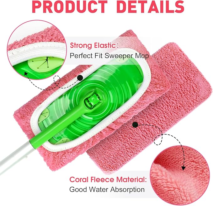 8Pcs Pink Reusable Mop Pads,Microfiber Mop Pads Compatible with Swiffer Sweeper, Dry Sweeping Cloths & Washable Wet Pads Refill for Floor