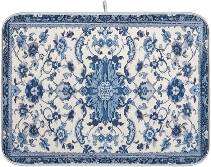Dish Drying Mat Kitchen Counter Absorbent Blue and White Pattern Coffee Sink Mat Dish Drainer Pad 18 Inch x 24 Inch
