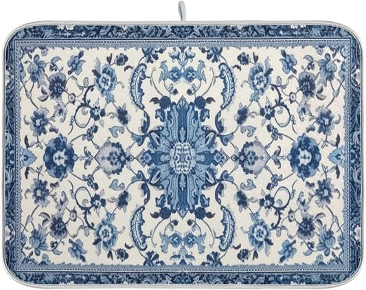 Dish Drying Mat Kitchen Counter Absorbent Blue and White Pattern Coffee Sink Mat Dish Drainer Pad 18 Inch x 16 Inch