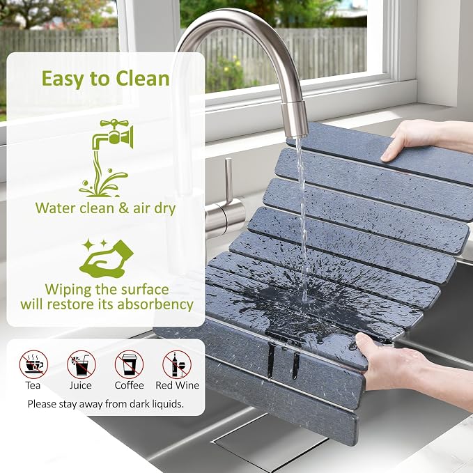 Large Stone Dish Drying Mat for Kitchen Counter, 24"(L)×16"(W), Collapsible Quick Dry Stone Dish Mats, Super Absorbent Diatomaceous Earth Drying Pad for Dishes Bottles Cups, Countertops (Black Grey)