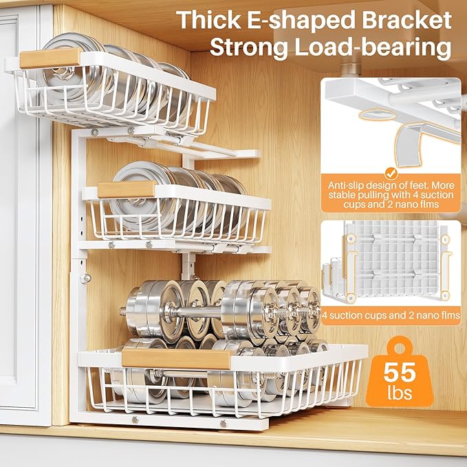 PXRACK Under Sink Organizer, 1-Pack 3-Tier Height Adjustable Thickened Metal Pull out Cabinet Organizer Shelf, Slide out Storage Drawer Rack for Bathroom Kitchen Pantry Home Organization, White