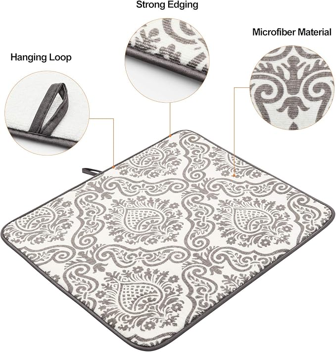 Subekyu Dish Drying Mats for Kitchen, Ultra Absorbent Microfiber Drying Mat, Dishes Drainer Pads 2 Pack, 19 by 15 Inch (Floral Vine)