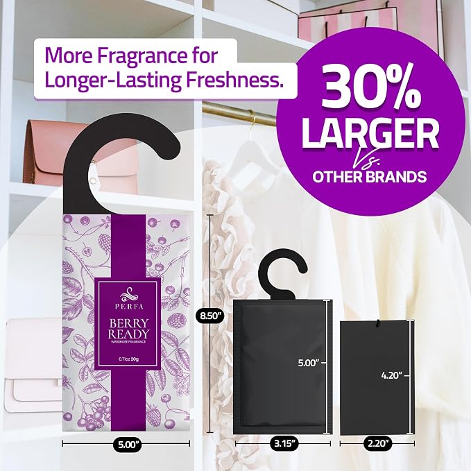 12 Packs Large Closet Deodorizer for Women - Berry Odor Absorber by Perfa | Hanging Scented Luxury Fragrance - Weeks of Continuous Freshness - Keeps Stored Fabrics Smelling New - Good for 120 Days