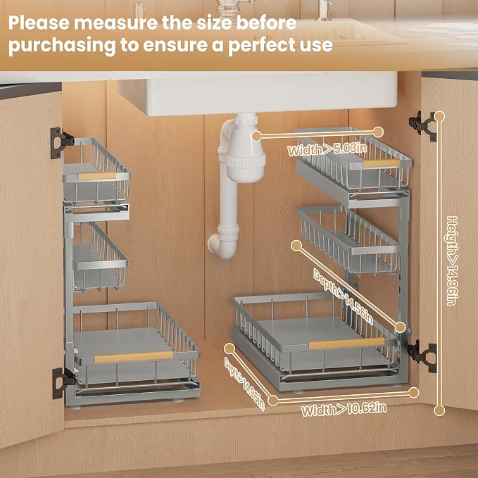 Under Sink Organizer and Storage - 3 Tier Cabinet Pull Out Shelf Organizers | 2 Pack 3 Tier under sink storage for Bathroom and Kitchen Slide Out Drawer Organization for Home Cabinets Shelves and Drawers