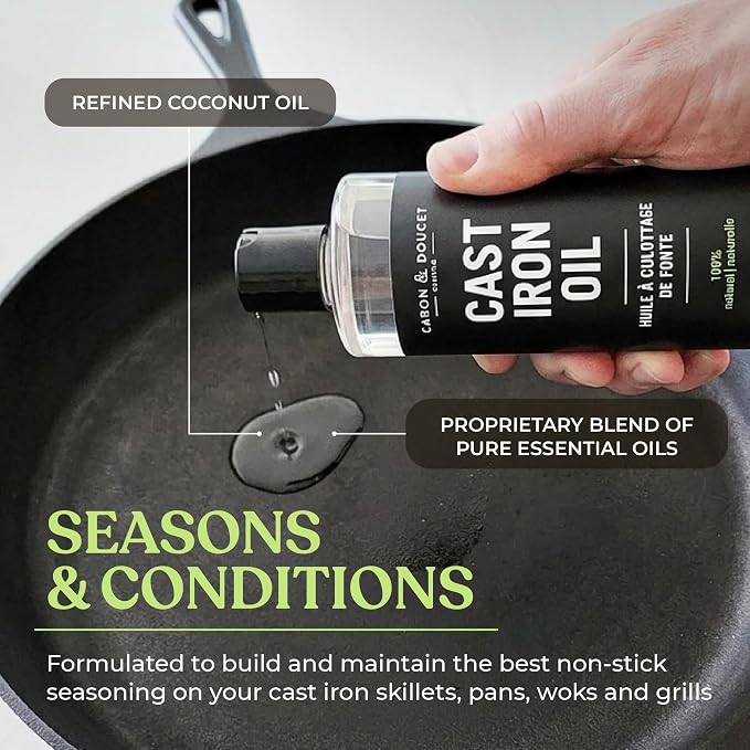 CARON & DOUCET - Cast Iron Cleaning & Conditioning Set PLUS: Seasoning Oil & Cleaning Soap | 100% Plant-Based | Best for Washing, Restoring & Seasoning Cast Iron Skillets, Pans & Grills - 16oz Each