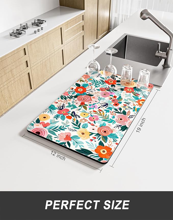 Rnivvi Dish Drying Mat for Kitchen Counter, 12 x 19" Cute Flower Super Absorbent Draining Pad, Non-Slip Heat Resistant Coffee Bar Mats for Coffee Machine Station Accessories, Colorful Dish Rack Pad