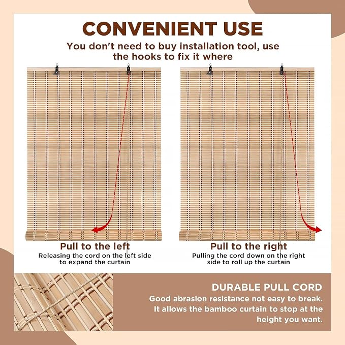 Bamboo Blinds for Interior Windows, 45"W X 48"H Bamboo Roller Shades Indoor | Roll Up Shades Light Filtering for Outdoor Patio, Decks, Porch, Backyards Natural Bamboo Material, Easy to install