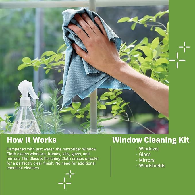 E-Cloth Microfiber Window Cleaning Cloth Kit - Glass Cleaning Cloth for Windows, Mirrors, Cars, Lenses, Eyeglasses, & More, Streak Free Clean, Machine Washable Reusable Towel - Alaskan Blue