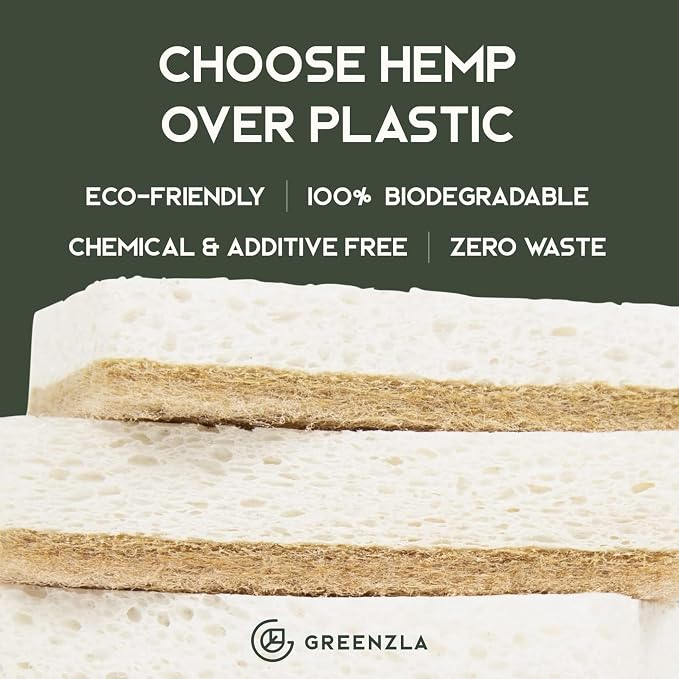 GREENZLA 6 Pack Kitchen Sponges | Non-Scratch Hemp & Sisal | Dual-sided: scrubbing + absorbent cellulose | Odor-resistant | Biodegradable | Dishes, sinks & bathtubs