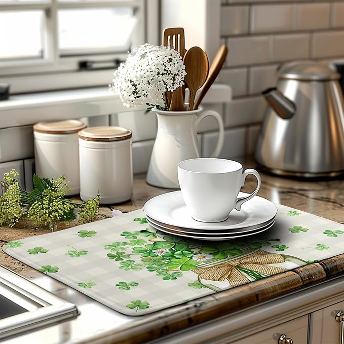 St Patricks Day Shamrock Dish Drying Mat Green Spring Kitchen Dishes Drying Pad Absorbent Dish Dryer Mats for Kitchen Countertops Microfiber Washable Large18x24 in