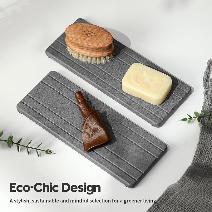 Razborci 2PCS Diatomite Quick Stone Drying Tray Mat For Bathroom & Kitchen Counter, Instant Dry Water Absorbent Drink Bar Coaster,Vanity Sink Caddy Organizer,Dish Soap Sponge Holder, Dark Gray,9"x3.5"