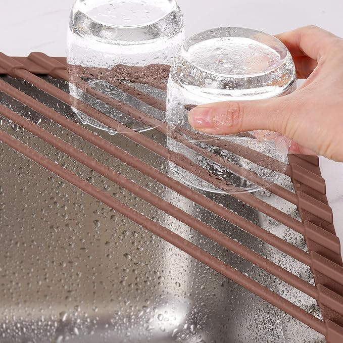 Tomorotec Compact Silicone-Coated Triangle Dish Drying Rack for Sink Corner - Foldable Stainless Steel Over-The-Sink Organizer and Storage Shelf (Coffee)