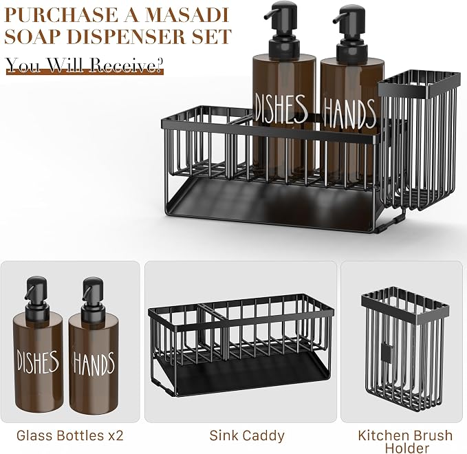MASADI Kitchen Dish Soap Dispenser Set with Sponge Holder, 12OZ Glass Bottle, Hand and Dish Soap Dispenser Set, Non-Slip Silicone Pad, Brush Holder, Kitchen Sink Organizer Countertop (Black+Amber)