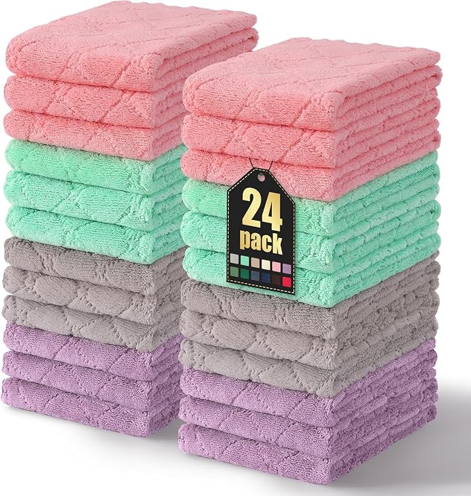 Homaxy 24 Pack Dish Towels for Kitchen (10 x 20 Inches, Multi Color), Super Soft and Absorbent Coral Velvet Dish Cloths for Washing Dishes, Nonstick Oil Fast Drying Microfiber Cleaning Cloth
